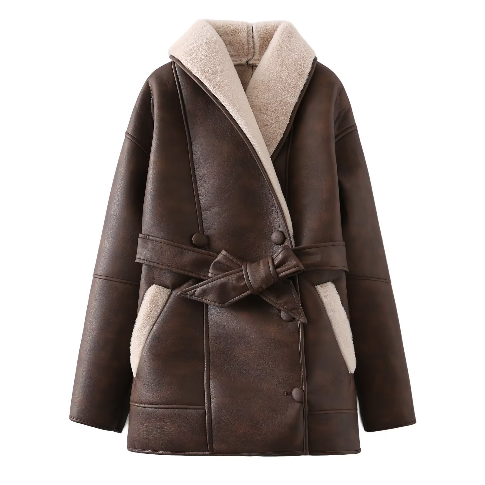 Fashion Cashmere Leather Fur Collar Composite Belt Coat  Leather Jacket 143.67 Maroon-XS