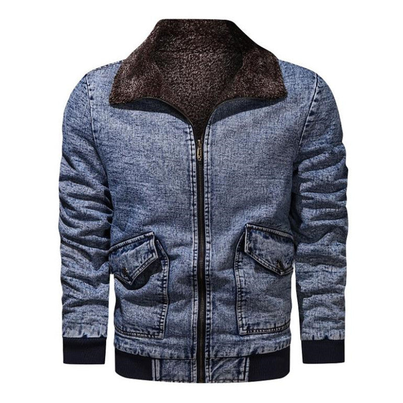 Winter Plus Velvet Thick Loose Lapel Plus Size Denim Jacket Men's Jacket  Leather Jacket 101.88 Blue-XL