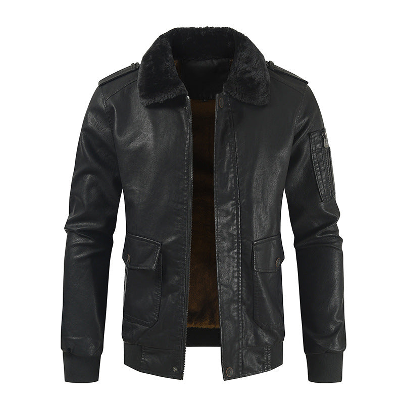 Men's Leather Coat Thickened Medium Length Coat  Leather Jacket 77.12 Black-XL