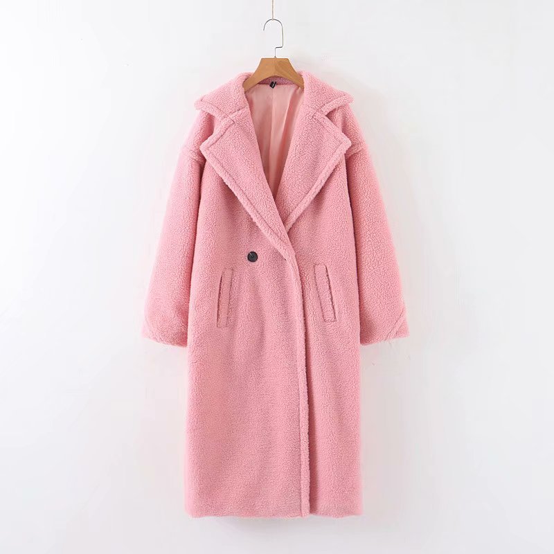 Mid-length lamb fur coat trench coat  Leather Jacket 92.60 Pink-S