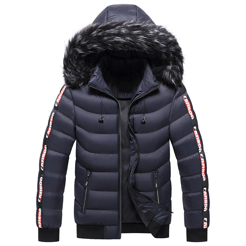 Men's fur collar padded striped coat  Leather Jacket 118.81 Blue-XXL