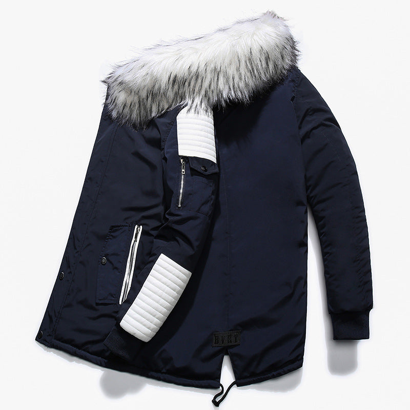 Large fur collar men's long cotton coat thick men's long cotton jacket  Leather Jacket  