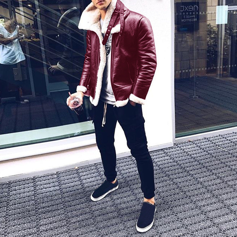 Solid color zipper jacket cardigan jacket  Leather Jacket 92.91 Red-XXL