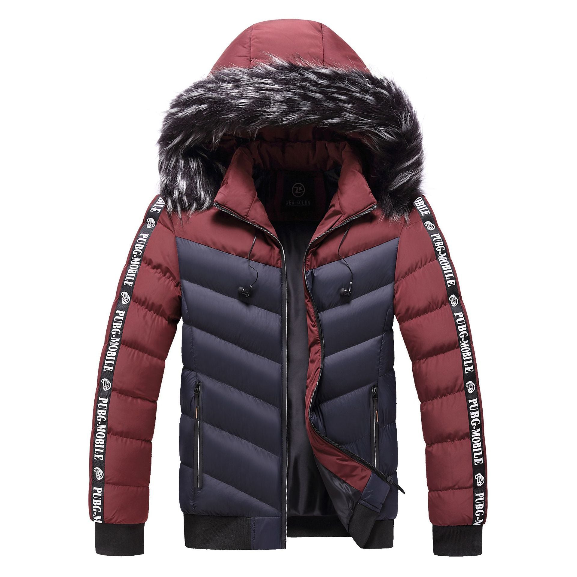 Men's Winter Fur Collar Cotton Padded Jacket  Leather Jacket 93.60 Blue-red-XXL