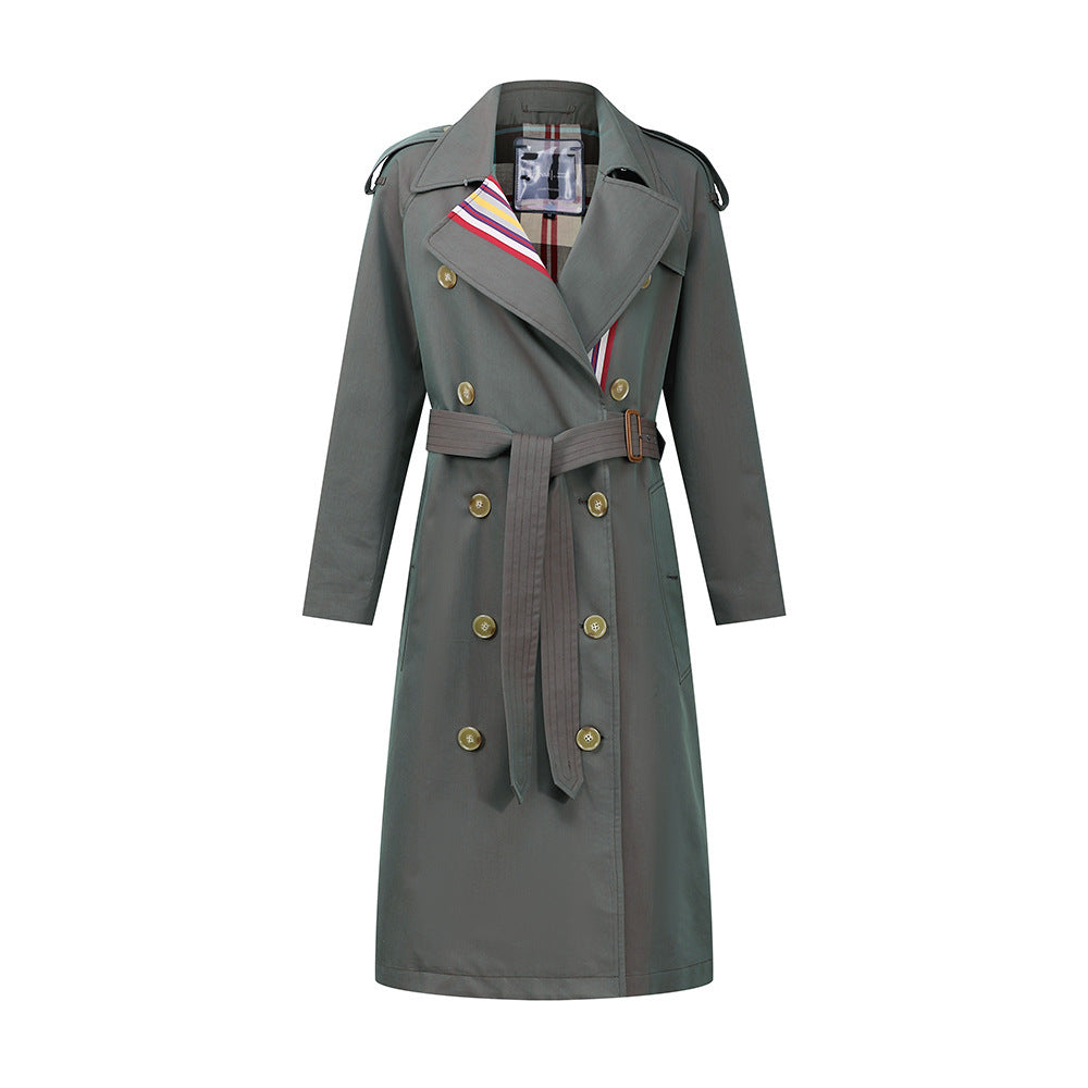 Stripes double-breasted trench coat British slim waist trench coat  Leather Jacket 246.20 Olive-green-XL