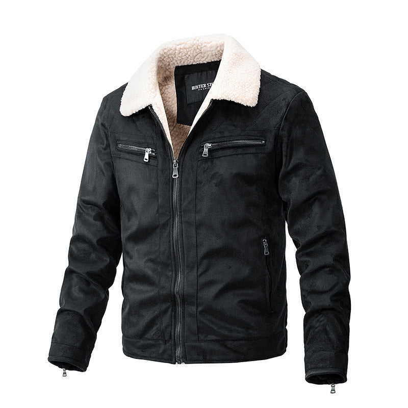 Suede Fabric Jacket Men's Zipper Cardigan Casual Berber Fleece Coat  Leather Jacket 79.08 Black-XXXL
