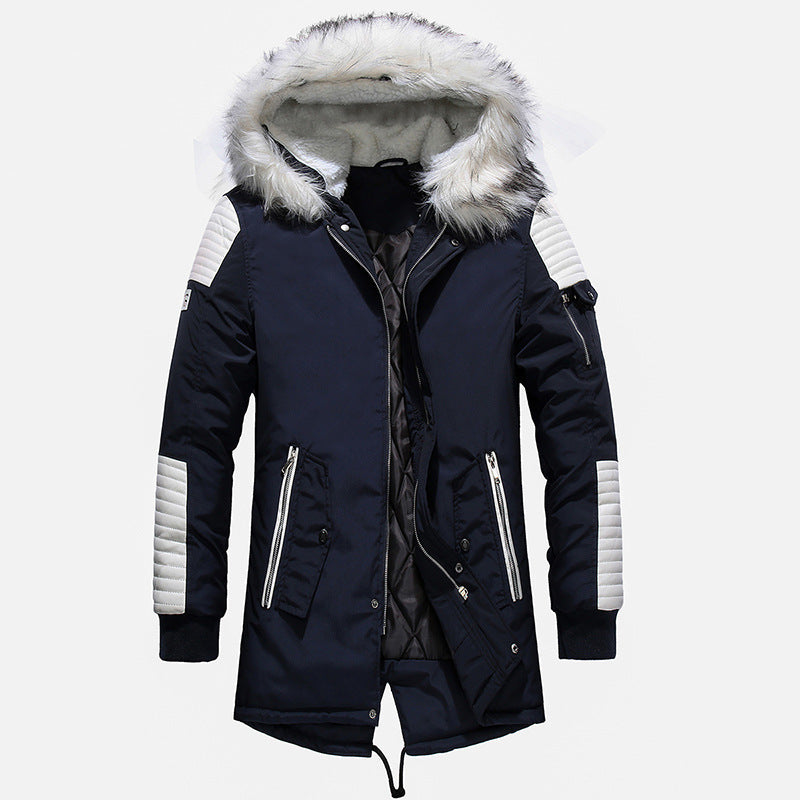 Large fur collar men's long cotton coat thick men's long cotton jacket  Leather Jacket  