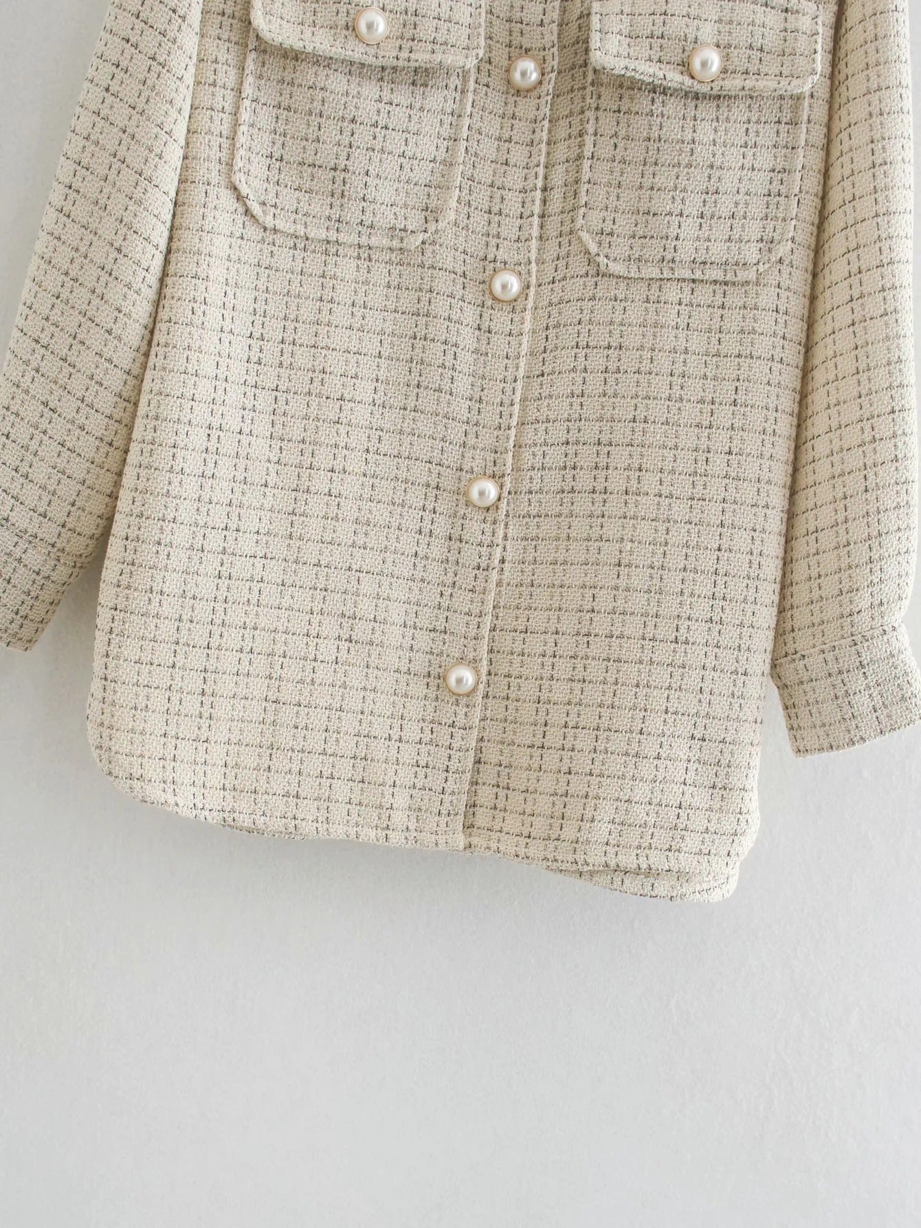 Women Plaid Pattern Thick Coats Jacket Pearl Buttons Long Sleeves Pocket Ladies Elegant Autumn Winter Coat  Leather Jacket  
