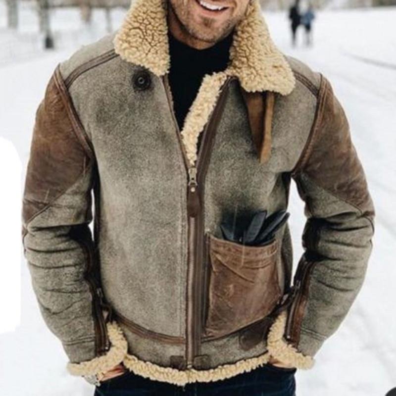 Men's Warm Jacket Lamb Wool Padded Jacket Winter Hot Coat  Leather Jacket 70.22 Grey-XL