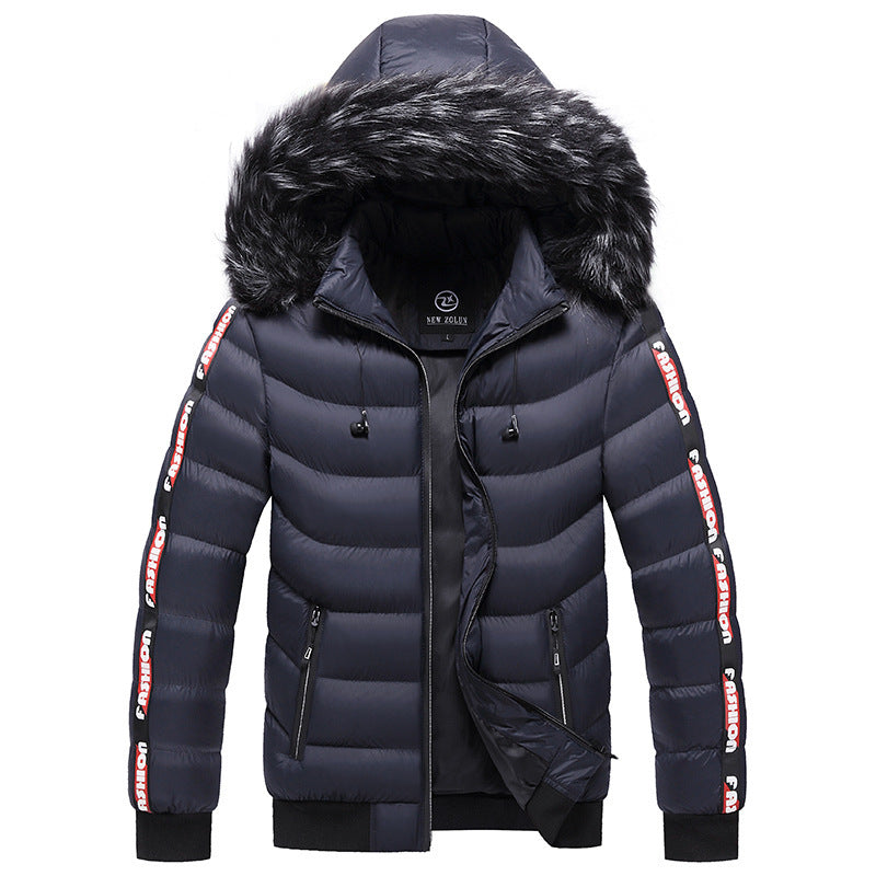 Men's Winter Fur Collar Cotton Padded Jacket  Leather Jacket 93.60 Navy-blue-XXL