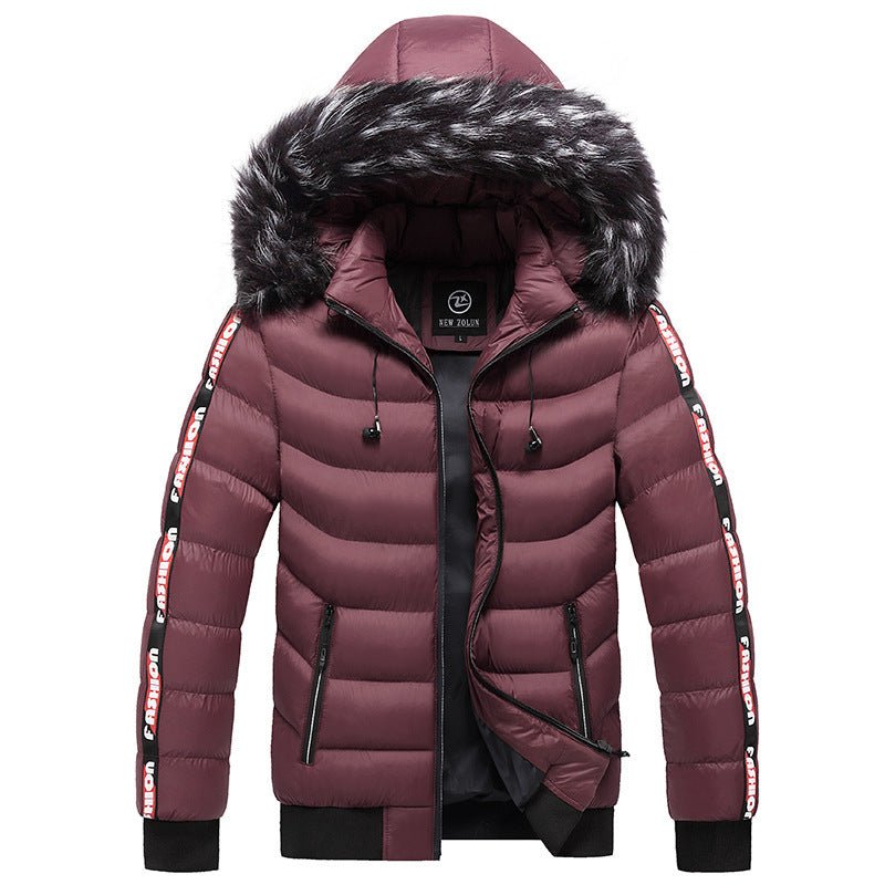 Men's Winter Fur Collar Cotton Padded Jacket  Leather Jacket 93.60 Red-XXL