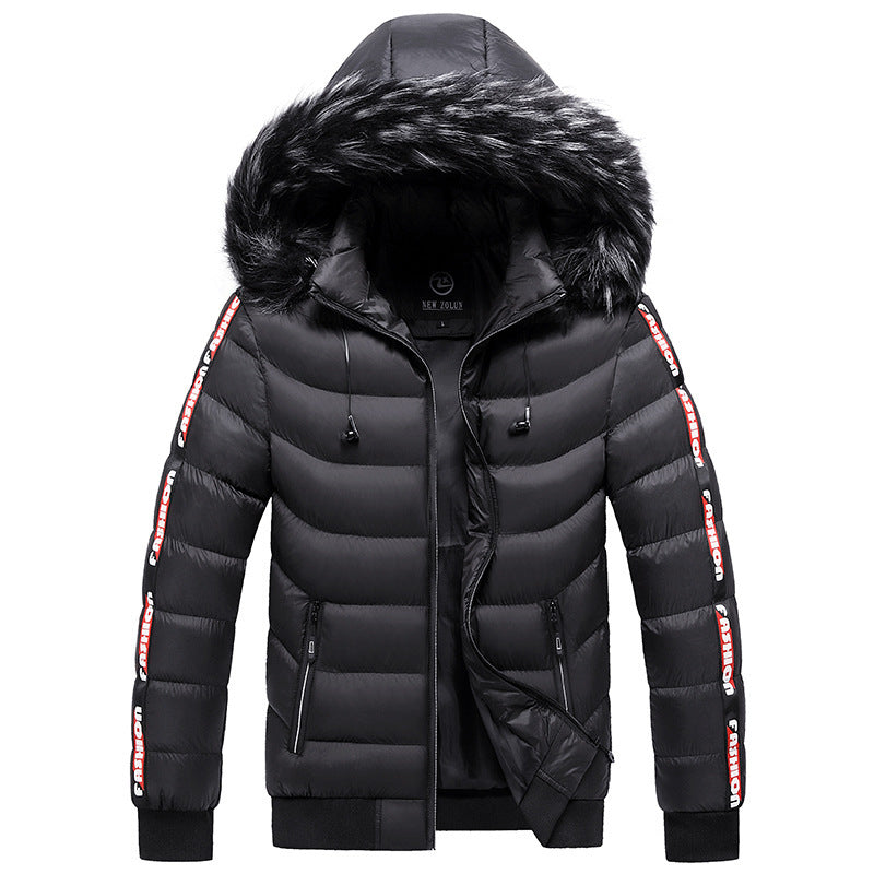 Men's Winter Fur Collar Cotton Padded Jacket  Leather Jacket 93.60 Black-XXL