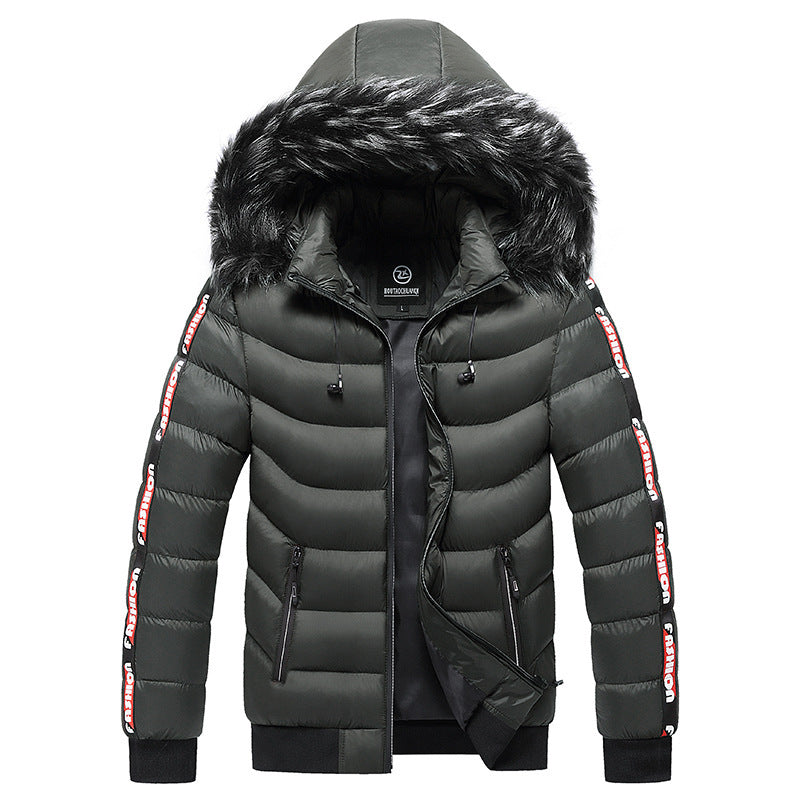 Men's Winter Fur Collar Cotton Padded Jacket  Leather Jacket 93.60 Green-XXL
