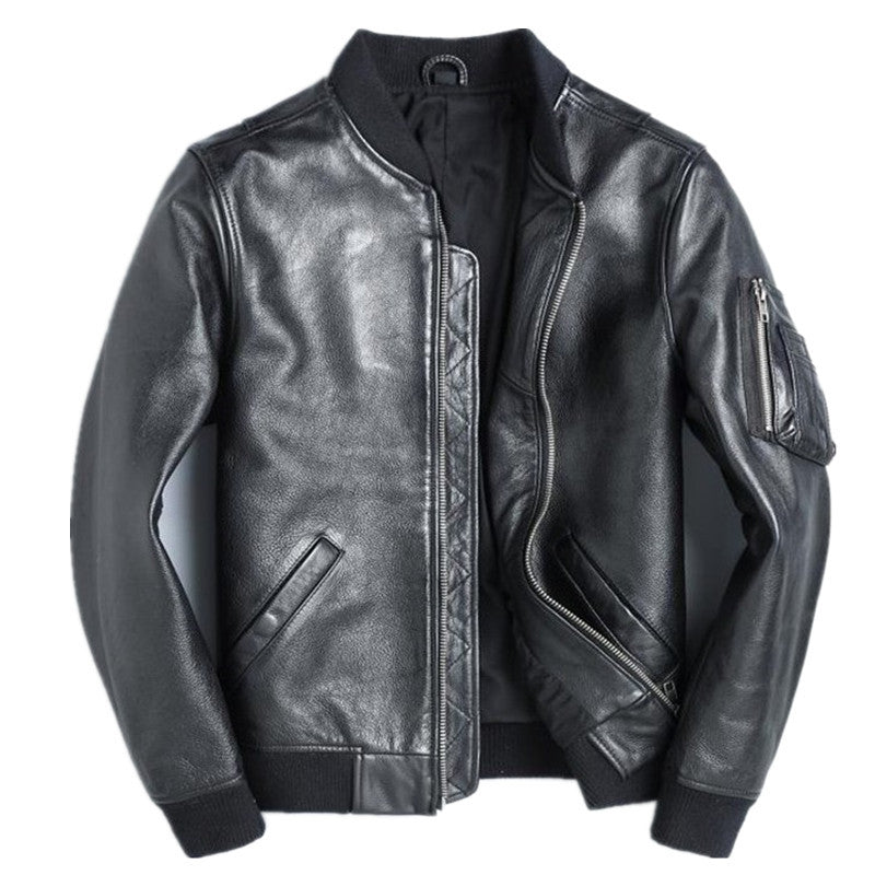 New Black Leather Leather Men's Baseball Uniform Short  Leather Jacket 352.68 Black-XL