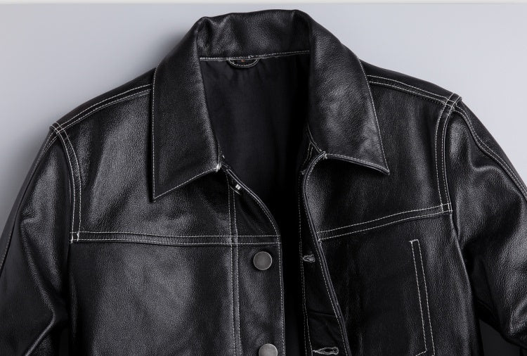 New Spring And Autumn Leather Cowhide Denim  Leather Jacket 329.59 Black-XL