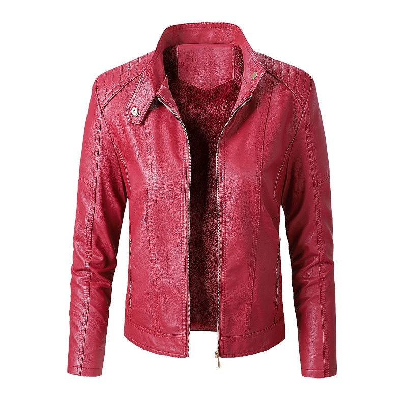 New Women's Leather Jackets Plus Velvet Jackets Fashion PU Ladies Leather Jackets  Leather Jacket 85.27 Red-XL