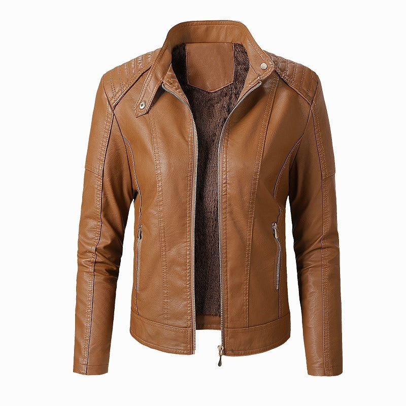 New Women's Leather Jackets Plus Velvet Jackets Fashion PU Ladies Leather Jackets  Leather Jacket 85.27 Brown-XL