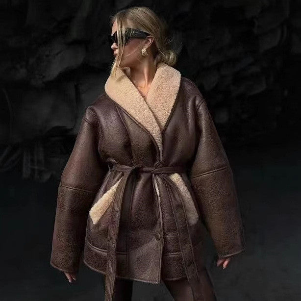 Fashion Cashmere Leather Fur Collar Composite Belt Coat  Leather Jacket 143.45 
