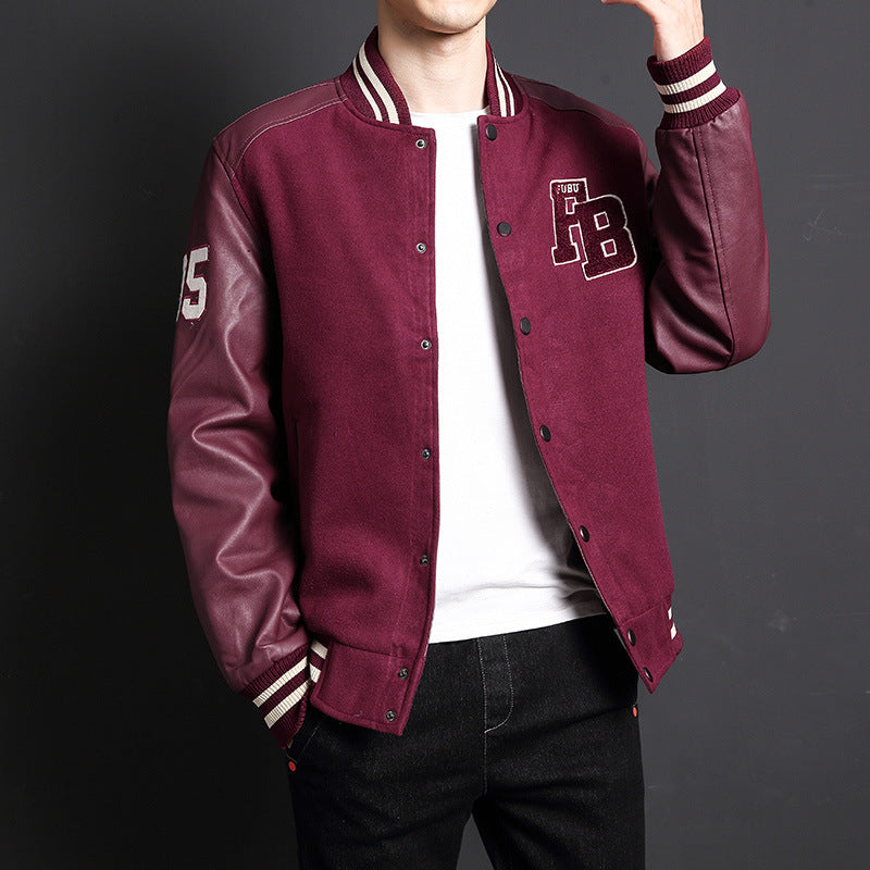 Men's baseball collar casual plus fleece jacket jacket  Leather Jacket 74.09 Red-XXL