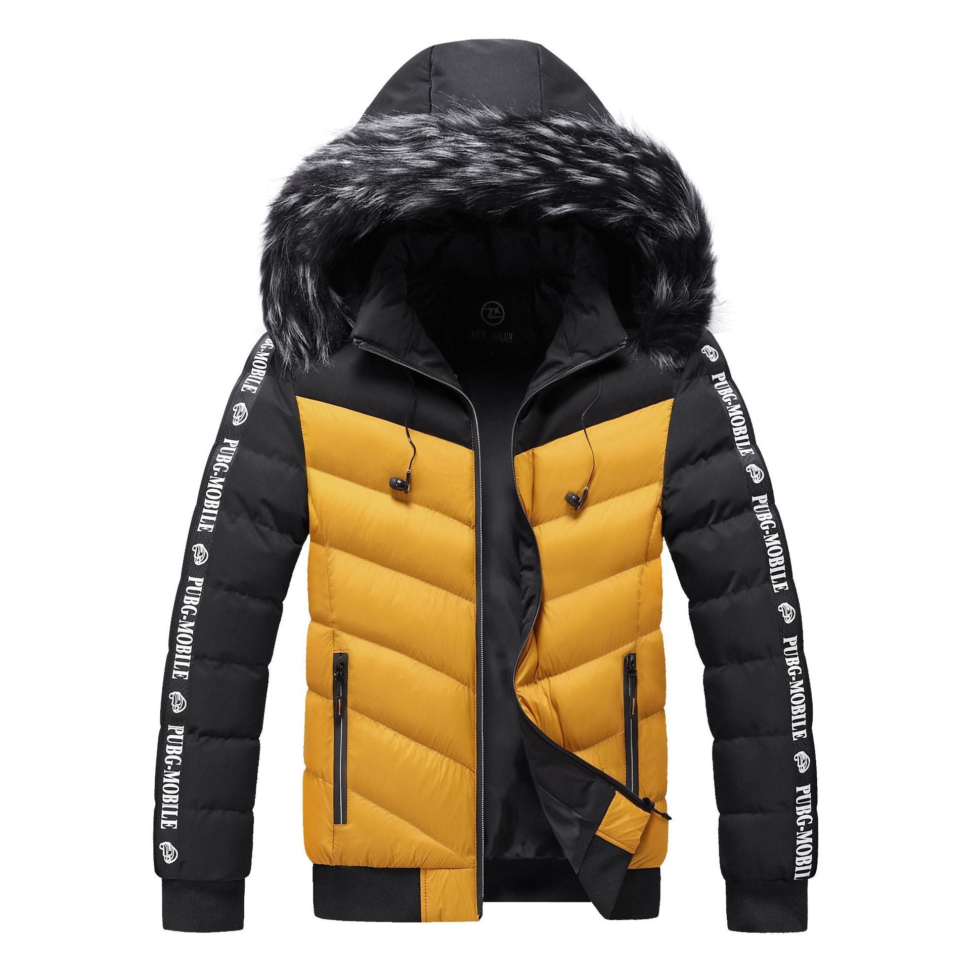 Men's Winter Fur Collar Cotton Padded Jacket  Leather Jacket 93.60 Yellow-black-XXL