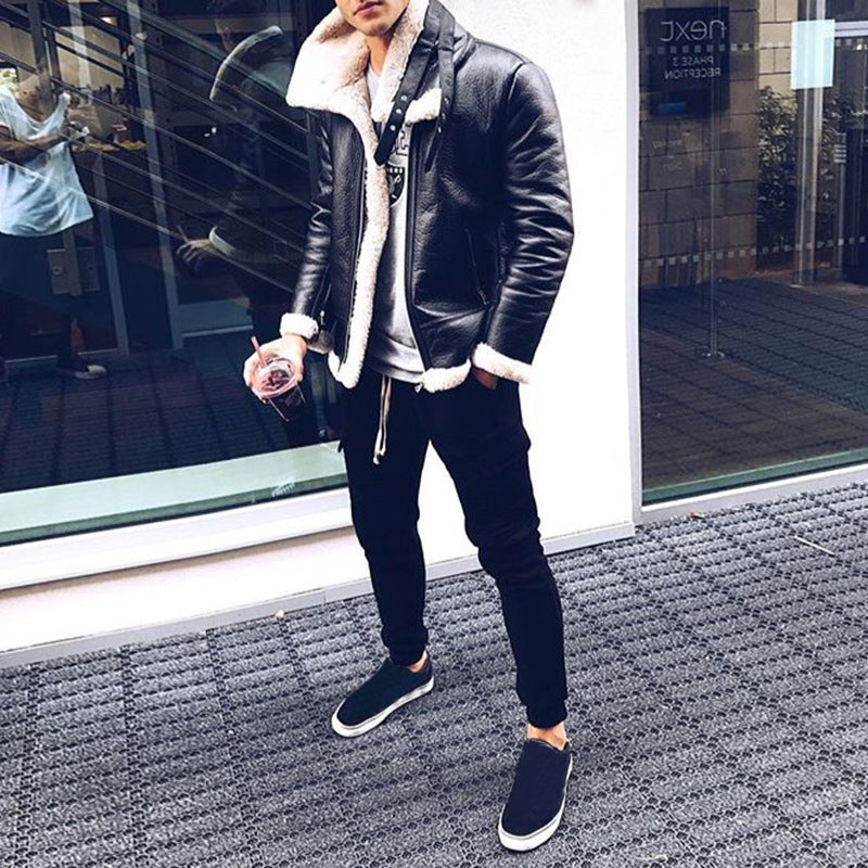 Solid color zipper jacket cardigan jacket  Leather Jacket 92.91 Black-XXL