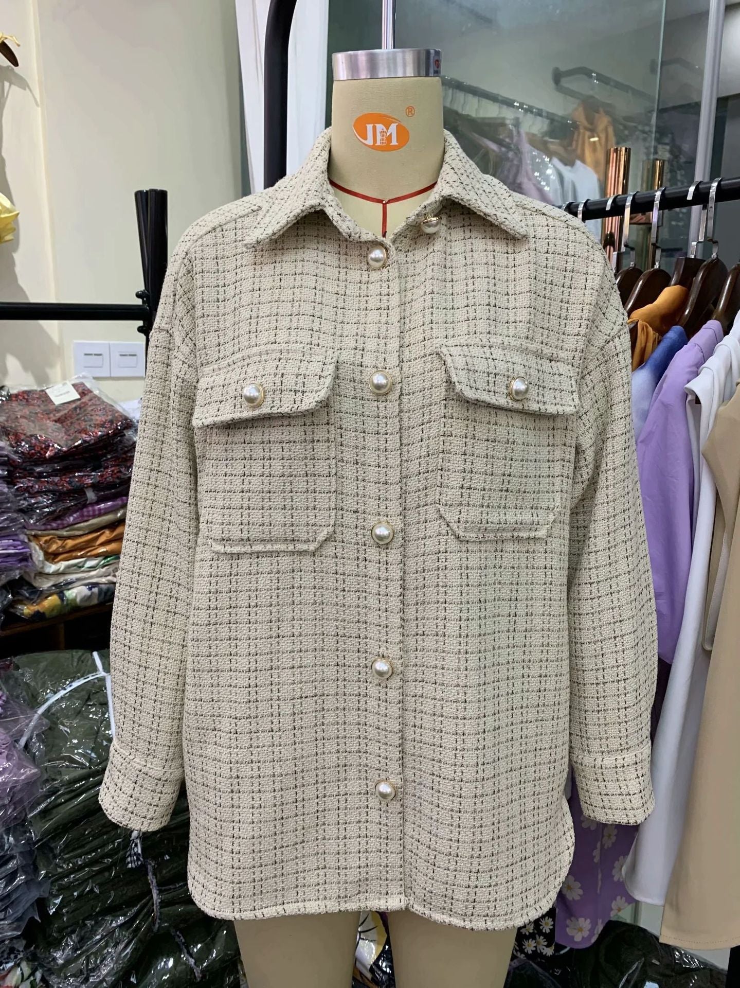Women Plaid Pattern Thick Coats Jacket Pearl Buttons Long Sleeves Pocket Ladies Elegant Autumn Winter Coat  Leather Jacket  