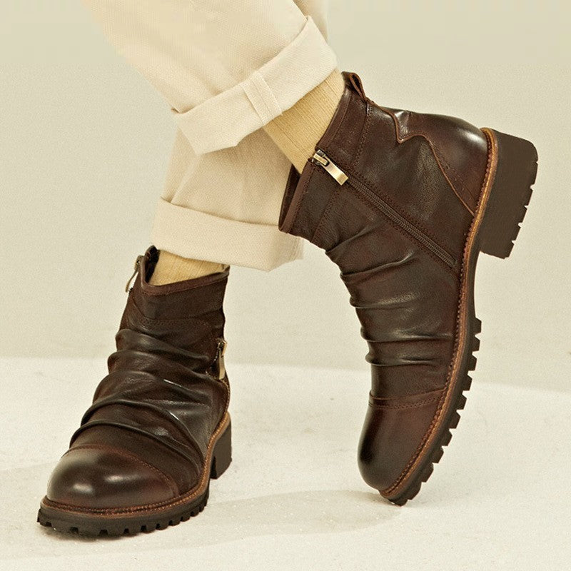 Retro Round Toe PU Leather Side Zipper Martin Chunky Heel Ankle Boots  Footwear 78.00 