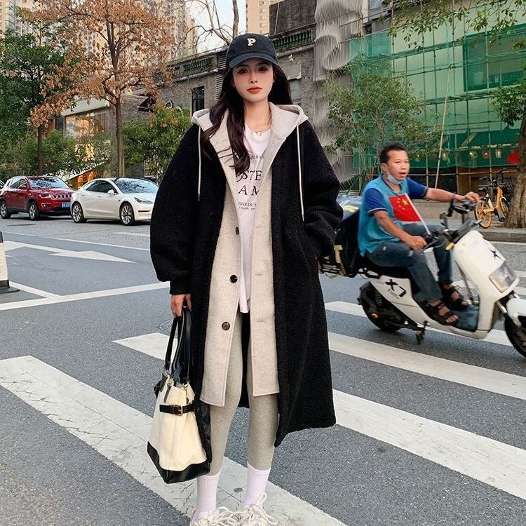 New Long Lambswool Fake Two-pieces Coats Women  Leather Jacket  