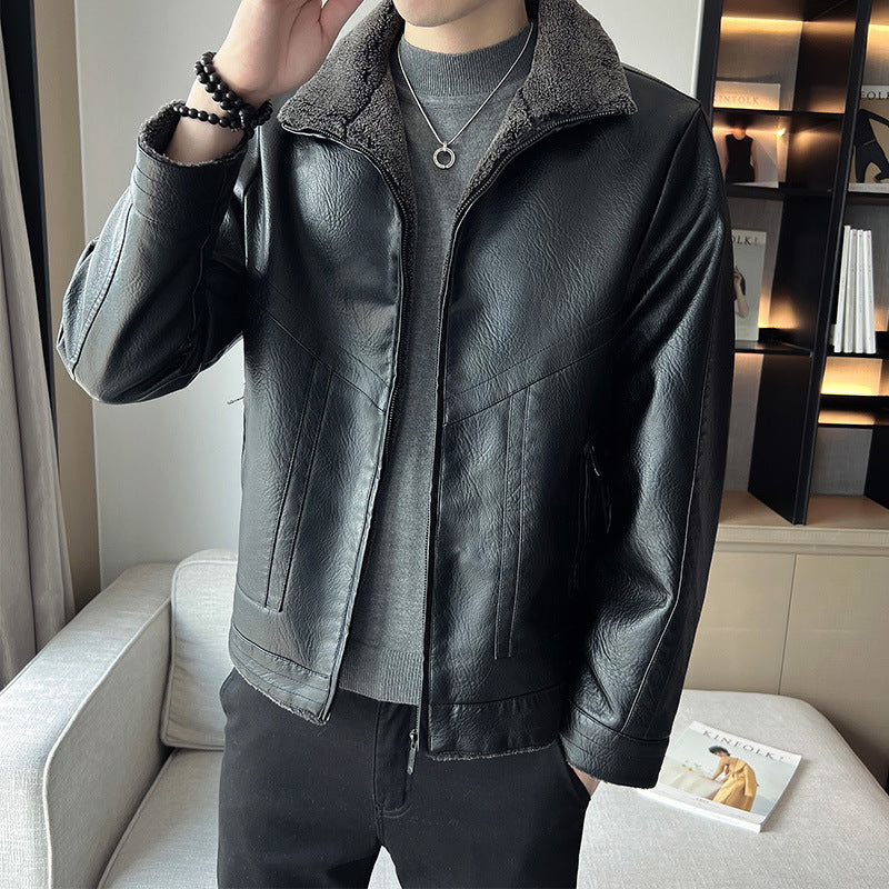Hong Kong Style Velvet Padded Plus Size Men's Leather Jackets  Leather Jacket 85.38 