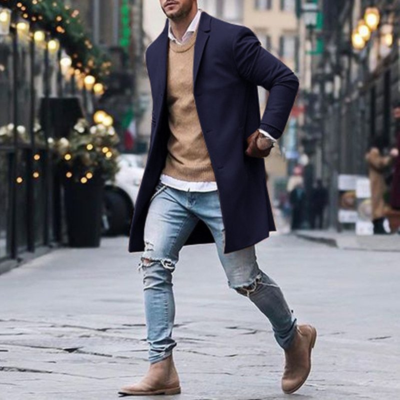 Fashion Winter Men's Trench Long Jackets Coats Overcoat Classic Jackets Solid Slim Fit Outwear Hombre Men Clothes Khaki Black  Leather Jacket 64.49 