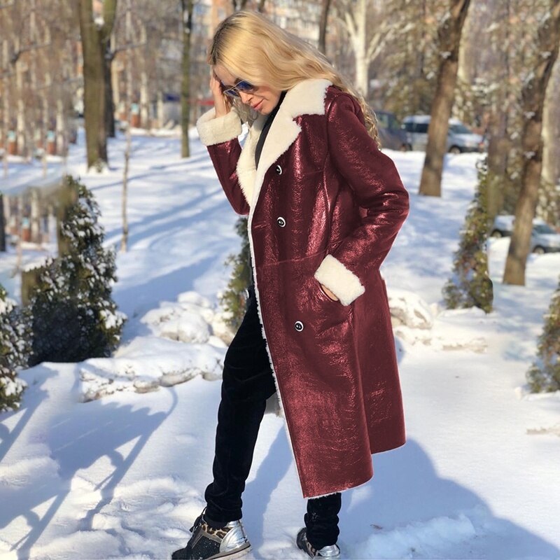 Women's long and wide plush leather coat  Leather Jacket  
