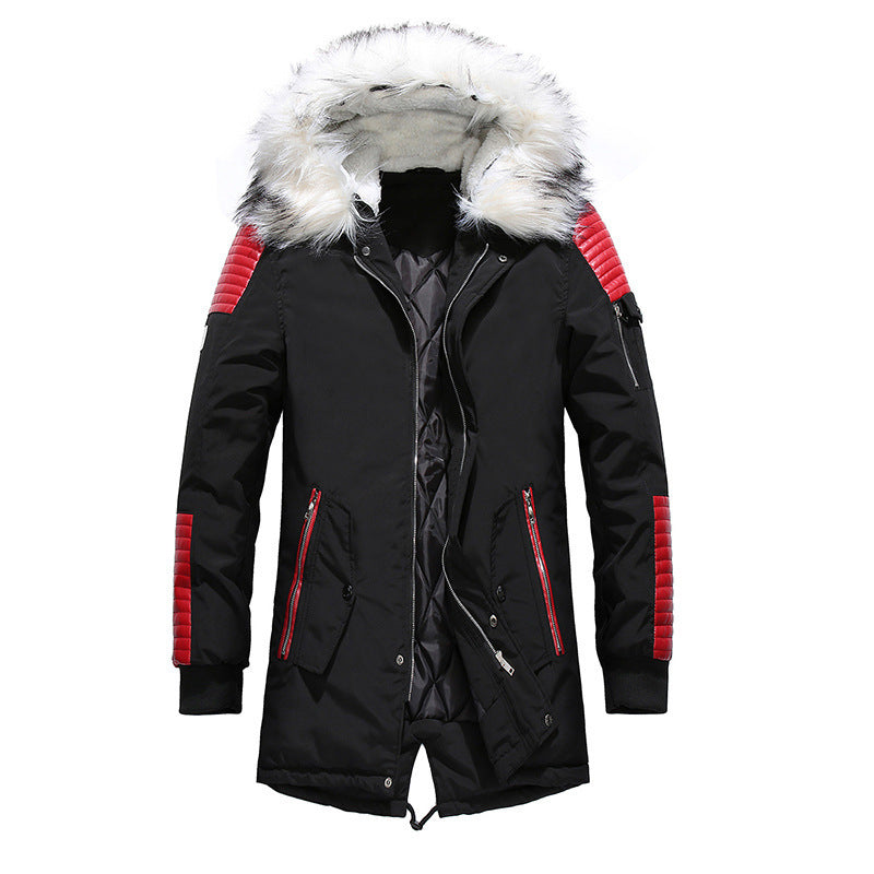 Large fur collar men's long cotton coat thick men's long cotton jacket  Leather Jacket  