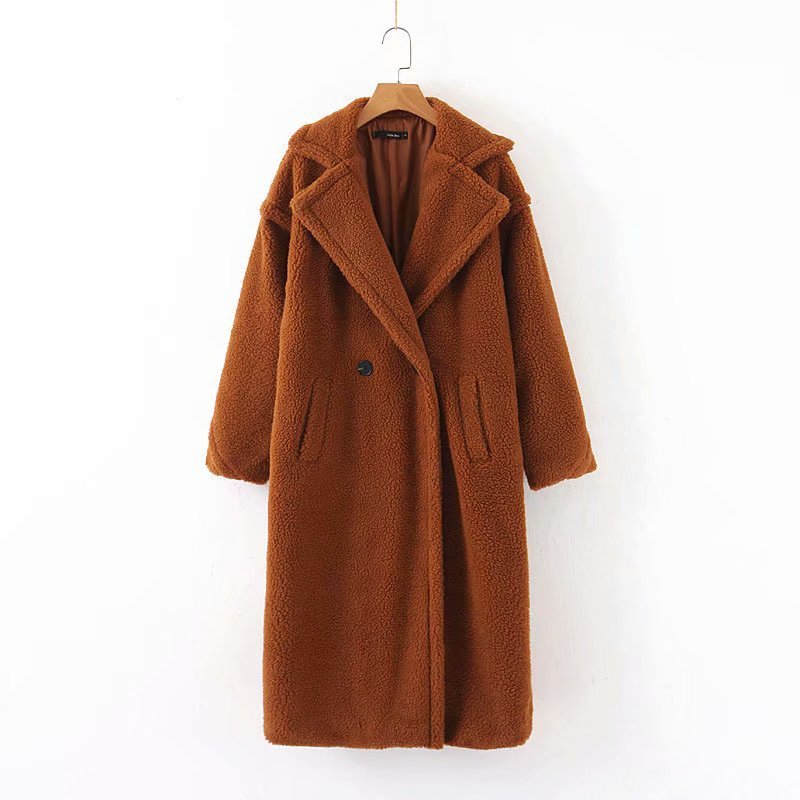 Mid-length lamb fur coat trench coat  Leather Jacket 92.60 Brown-S