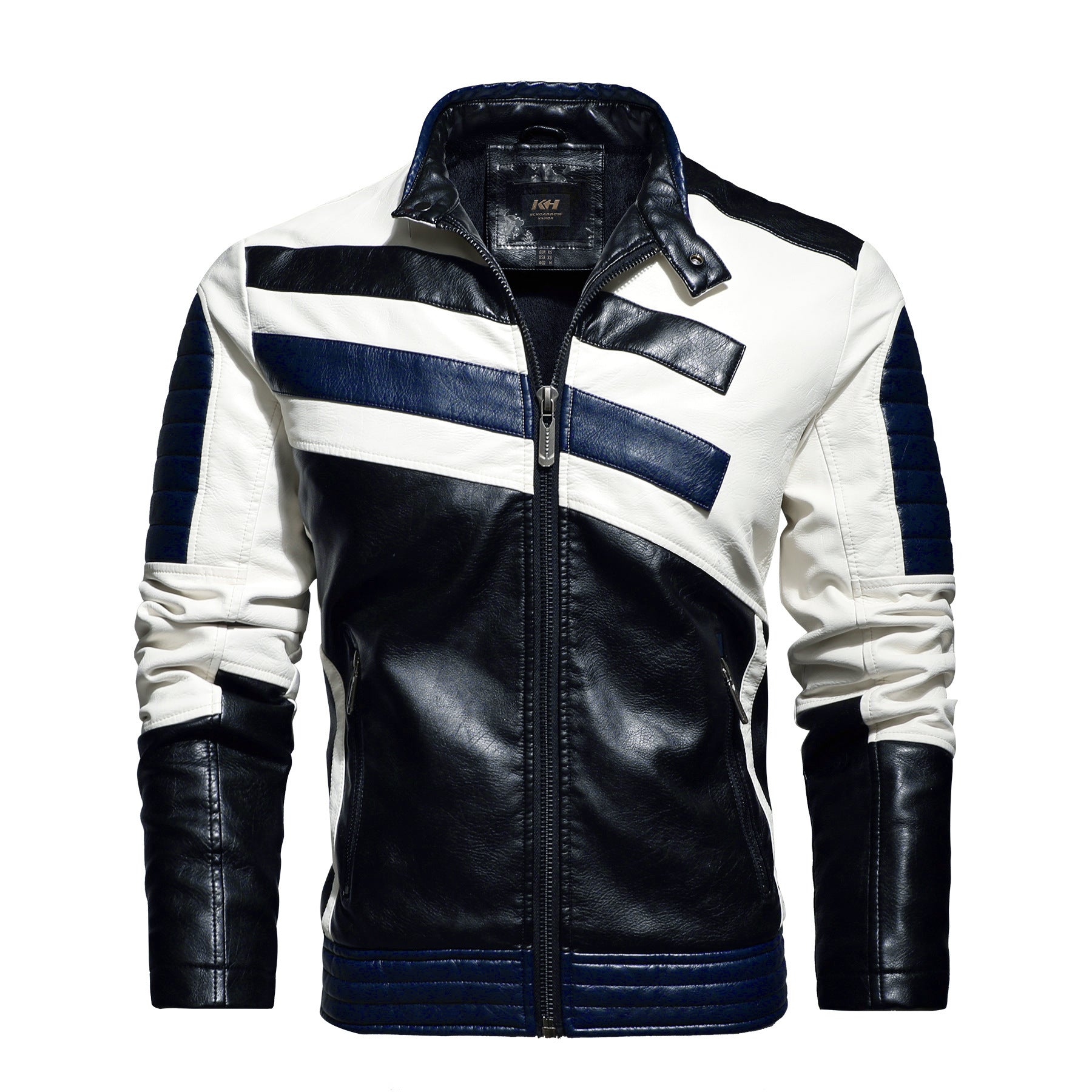 Mens Leather Jackets Motorcycle Stand Collar  Leather Jacket 97.74 Blue-XXL