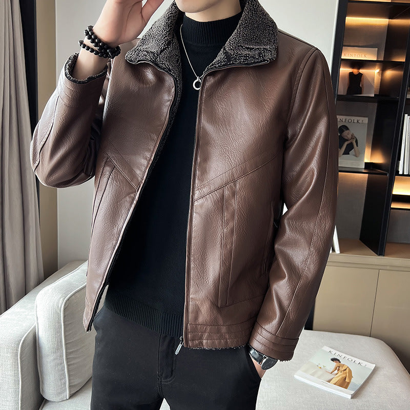 Hong Kong Style Velvet Padded Plus Size Men's Leather Jackets  Leather Jacket 85.16 Coffee-XXXXL