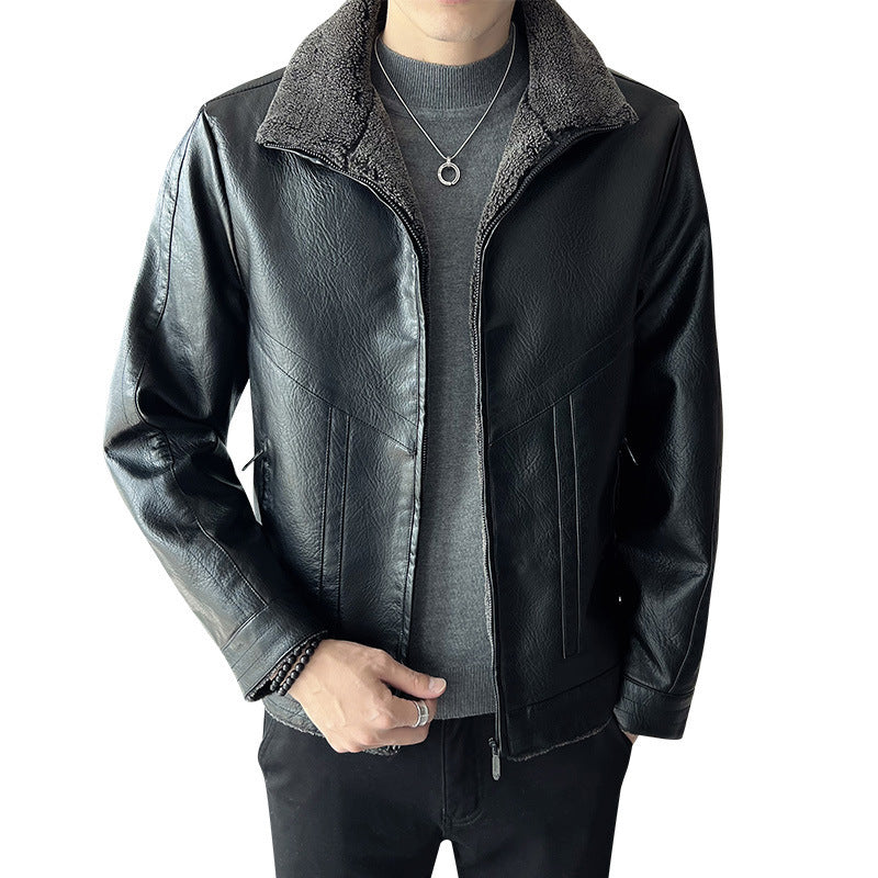 Hong Kong Style Velvet Padded Plus Size Men's Leather Jackets  Leather Jacket 85.38 