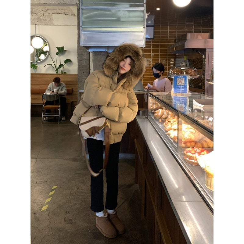 Milk Tea Color Big Fur Collar Short Down Jacket Women  Leather Jacket 94.63 