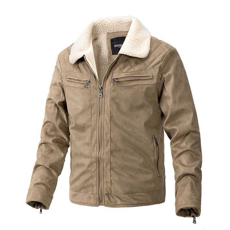 Suede Fabric Jacket Men's Zipper Cardigan Casual Berber Fleece Coat  Leather Jacket 79.08 Khaki-XXXL