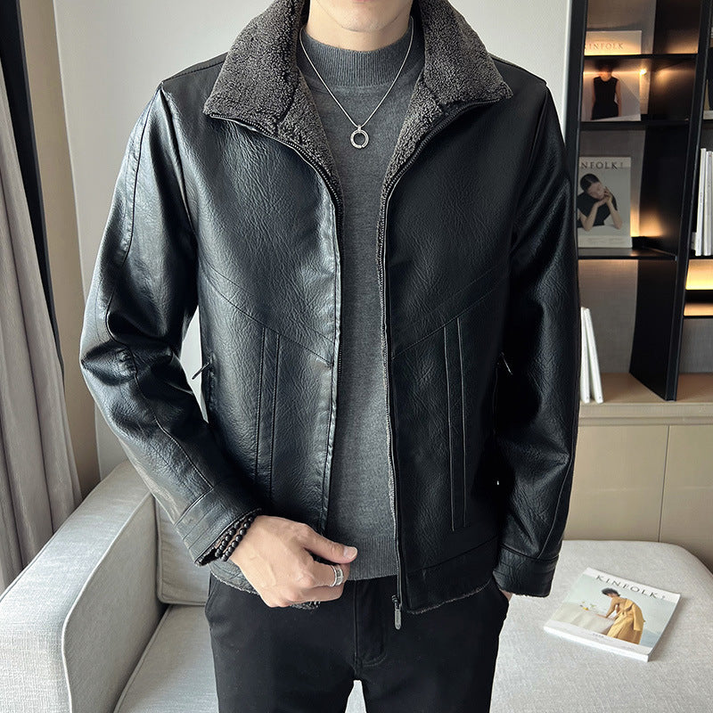 Hong Kong Style Velvet Padded Plus Size Men's Leather Jackets  Leather Jacket 85.16 Black-XXXXL