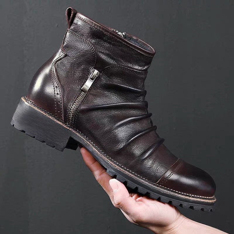 Retro Round Toe PU Leather Side Zipper Martin Chunky Heel Ankle Boots  Footwear 78.00 