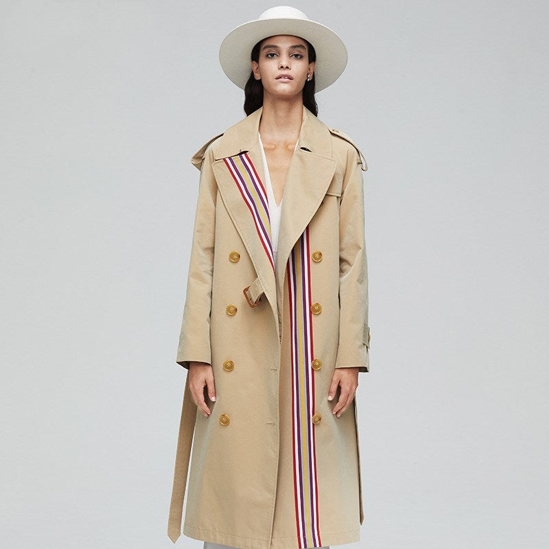 Stripes double-breasted trench coat British slim waist trench coat  Leather Jacket 245.92 