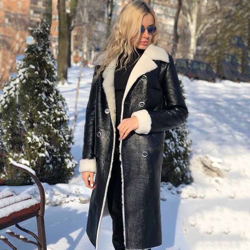 Women's long and wide plush leather coat  Leather Jacket  