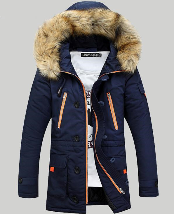 Autumn and winter thick padded jacket men's slim hooded padded jacket  Leather Jacket 86.37 Navy-Blue-XXL