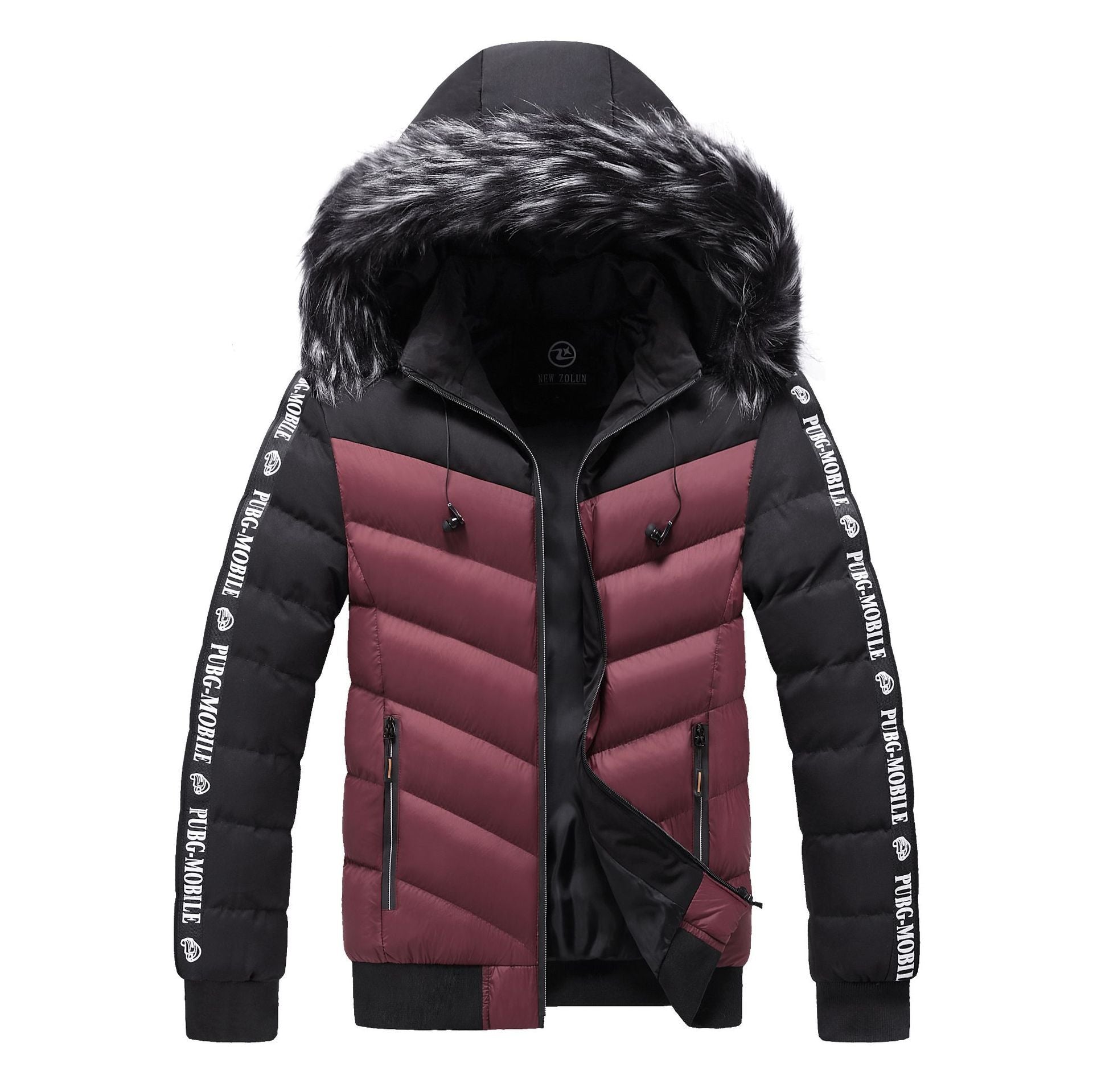 Men's Winter Fur Collar Cotton Padded Jacket  Leather Jacket 93.60 Wine-Red-XXL