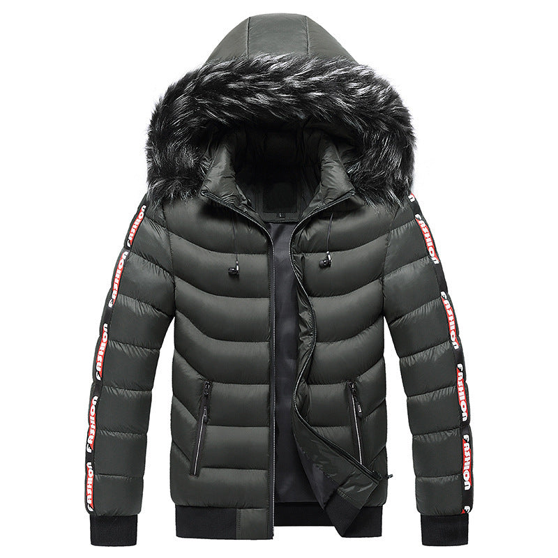 Men's fur collar padded striped coat  Leather Jacket 118.81 Green-XXL