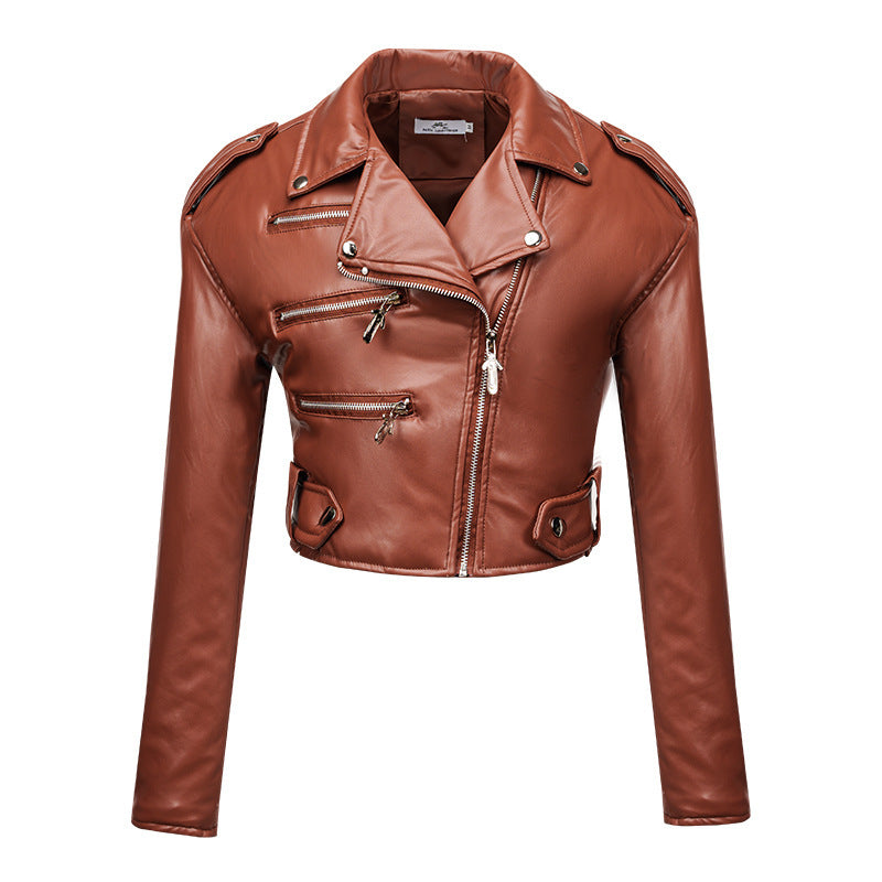 Women's Leather Top Slim Fit Short Cotton High Waist  Leather Jacket 67.34 