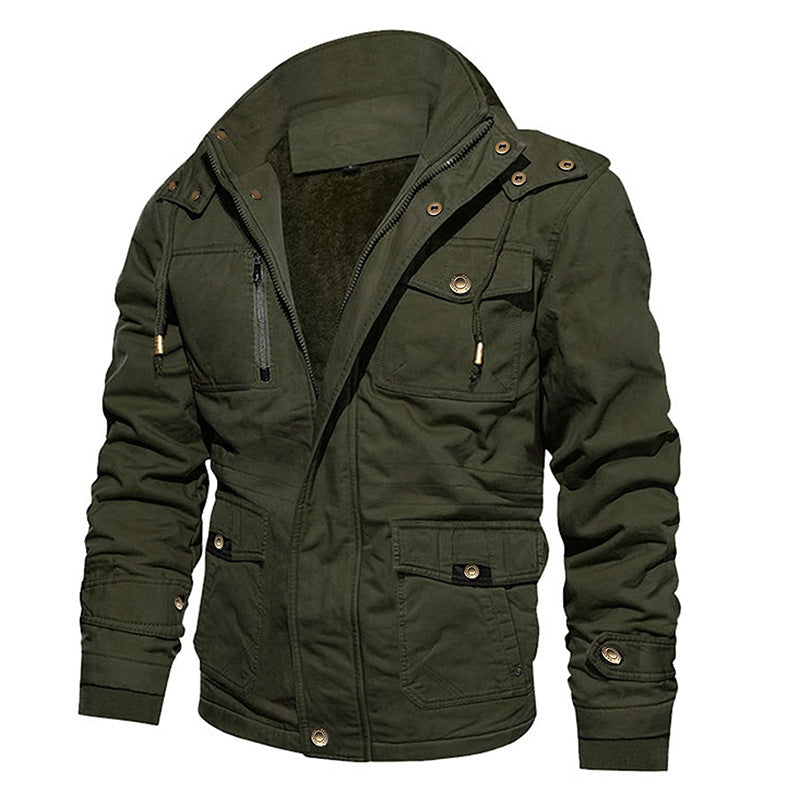 Men's Cotton Coat Jacket Hooded Multi-pocket Vintage Fleece-lined  Leather Jacket  