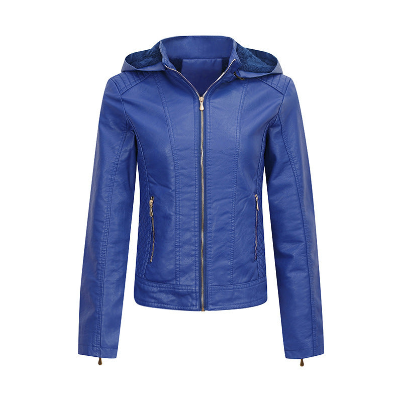 Women's Clothing Fleece-lined Thickened Leather Coat Hooded  Leather Jacket 76.49 Blue-XXL