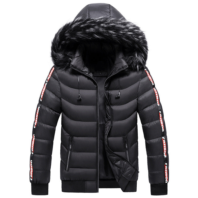 Men's fur collar padded striped coat  Leather Jacket 118.81 Black-XXL