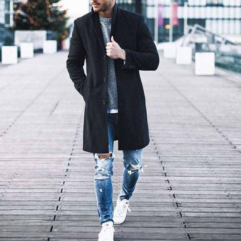 Fashion Winter Men's Trench Long Jackets Coats Overcoat Classic Jackets Solid Slim Fit Outwear Hombre Men Clothes Khaki Black  Leather Jacket 64.49 